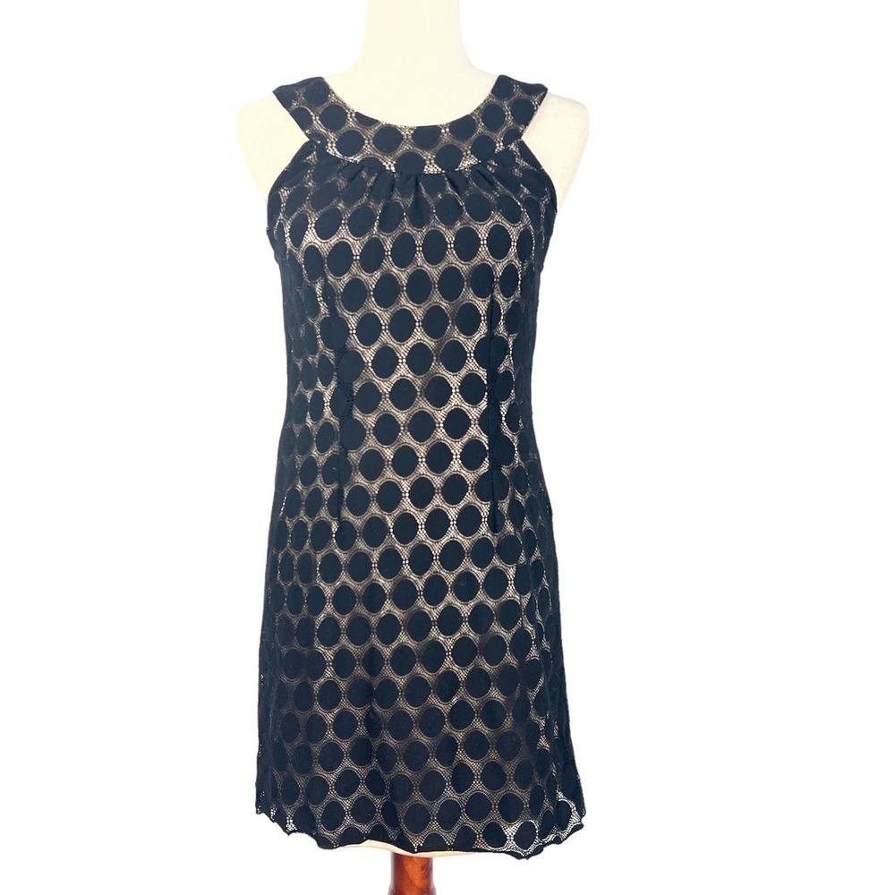Agb SLEEVELESS POLKA DOT LACE OVERLAY‎ ROUND NECK SHIFT DRESS BLACK/BEIGE 16 EUC